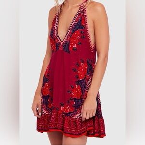 Free People Pink and Navy Floral V-Neck Dress